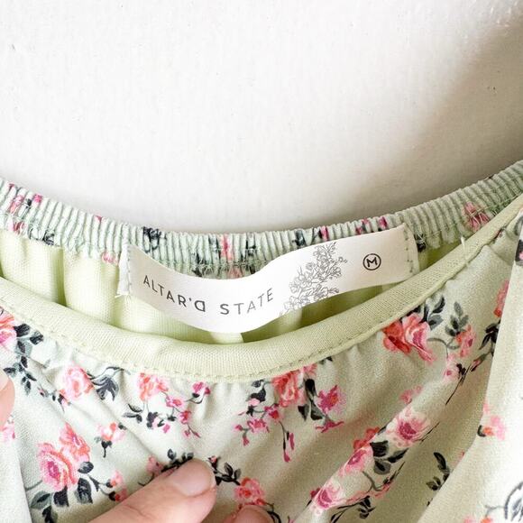 Altar’s State Lola Crossover Mint Green Pink Floral Mini Dress Fit & Flare M - Picture 8 of 16